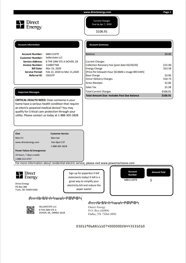 USA Texas Direct Energy utility bill template in Word and PDF format